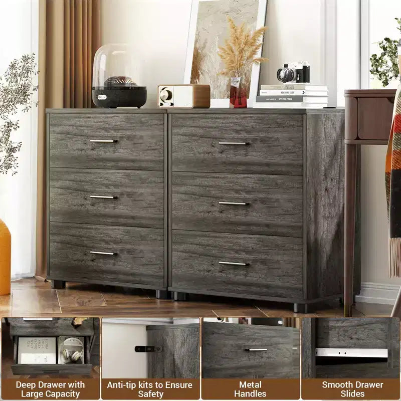 Besiost Set di 2 cassettiere in legno con 3 cassetti, armadietto e comodino