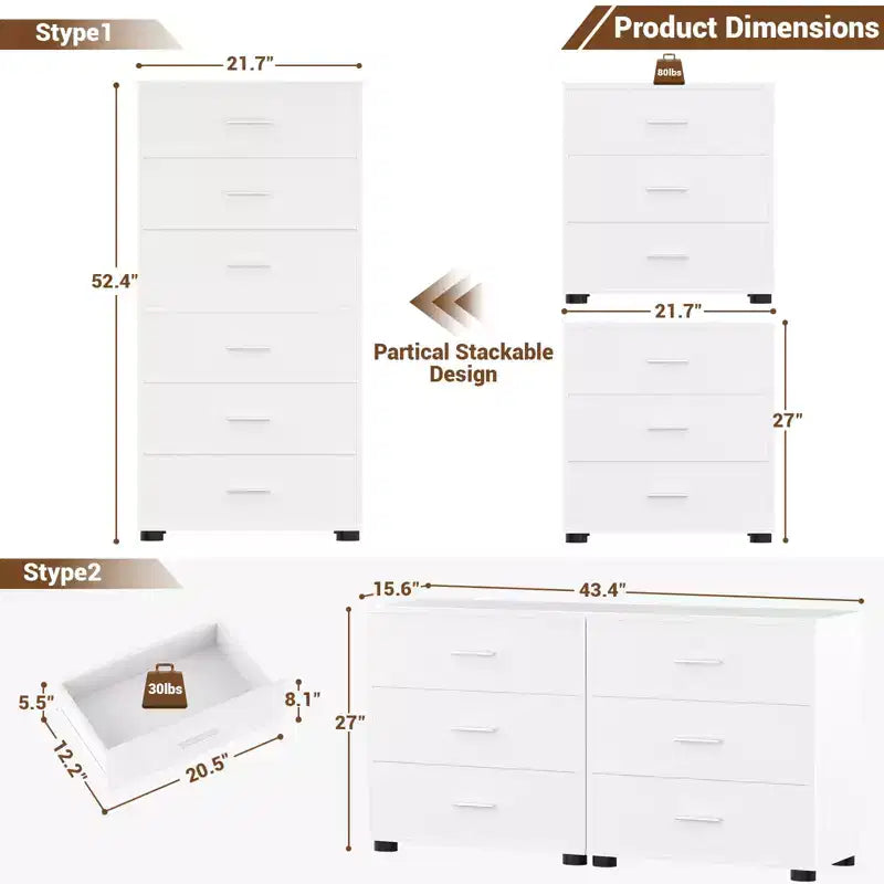 Besiost Set di 2 cassettiere in legno con 3 cassetti, armadietto e comodino