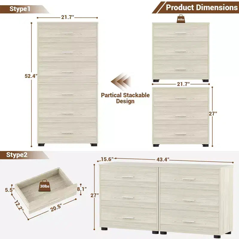 Besiost Set di 2 cassettiere in legno con 3 cassetti, armadietto e comodino