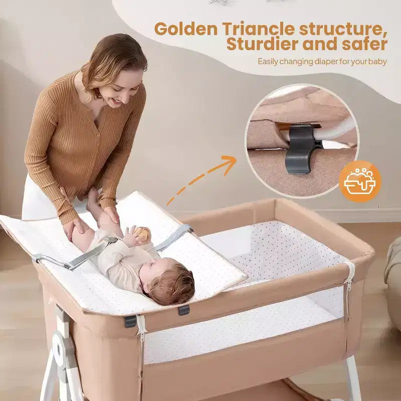JOYMOR Culla Neonato con Fasciatoio, Culla Affiancabile al Letto per Bambini con Comodo Materasso e Ruote, 6 Altezze Regolabili Facile da Piegare