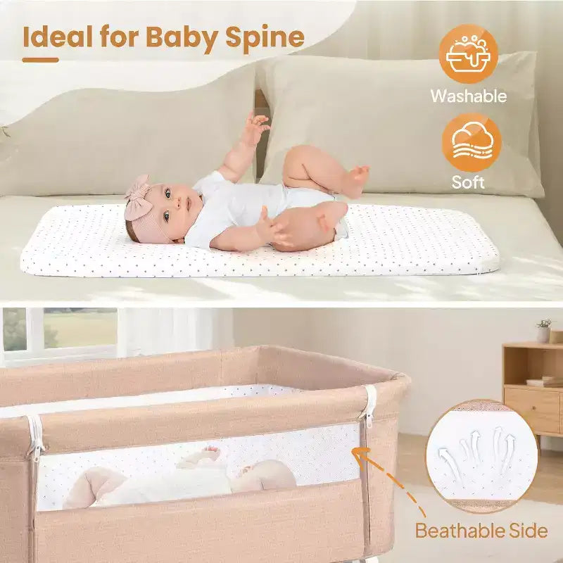 JOYMOR Culla Neonato con Fasciatoio, Culla Affiancabile al Letto per Bambini con Comodo Materasso e Ruote, 6 Altezze Regolabili Facile da Piegare