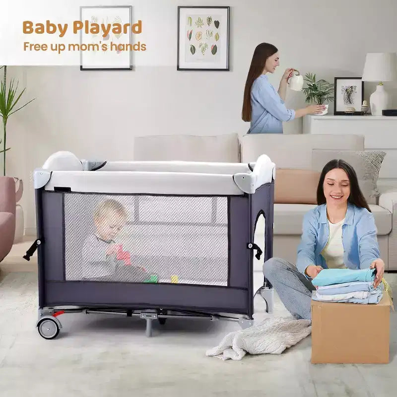 JOYMOR Box 5 in 1 con Culla, Fasciatoio per Neonati, Box Portatile per Neonati e Bambini (Grigio)