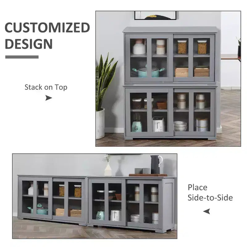 Credenza da buffet, mobile bar impilabile con ante scorrevoli in vetro e ripiano regolabile