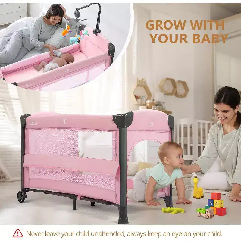 JOYMOR Culla per neonati da comodino, Culla per neonati, Box convertibile, Lettino da viaggio pieghevole rapido, Ruote e freno, Borsa per il trasporto per bambini e bambine (Rosa)