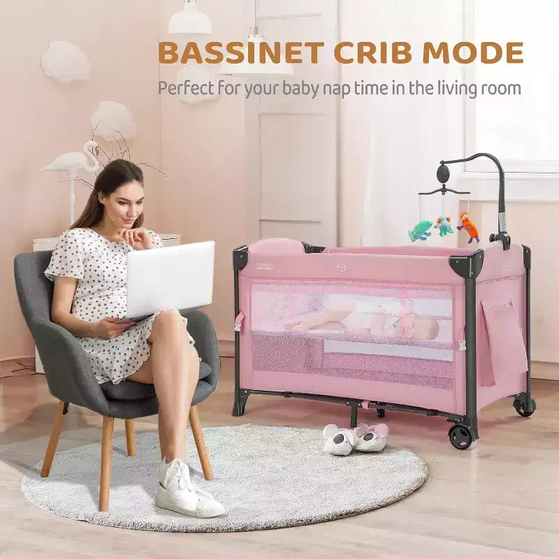JOYMOR Culla per neonati da comodino, Culla per neonati, Box convertibile, Lettino da viaggio pieghevole rapido, Ruote e freno, Borsa per il trasporto per bambini e bambine (Rosa)