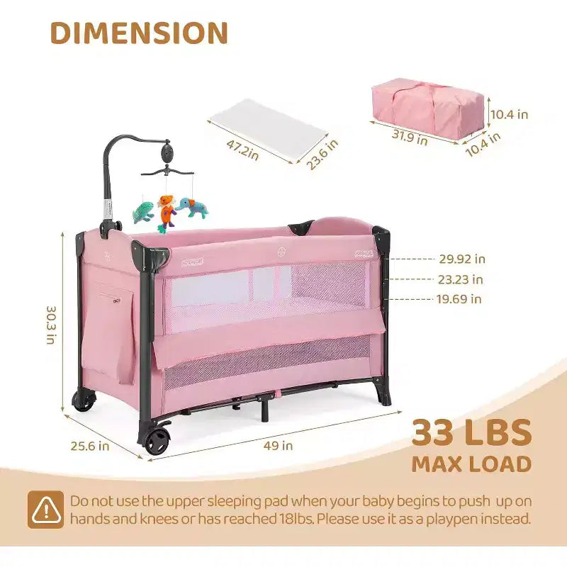 JOYMOR Culla per neonati da comodino, Culla per neonati, Box convertibile, Lettino da viaggio pieghevole rapido, Ruote e freno, Borsa per il trasporto per bambini e bambine (Rosa)