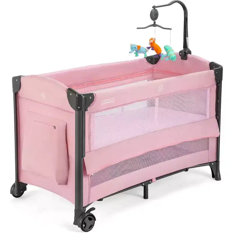 JOYMOR Culla per neonati da comodino, Culla per neonati, Box convertibile, Lettino da viaggio pieghevole rapido, Ruote e freno, Borsa per il trasporto per bambini e bambine (Rosa)