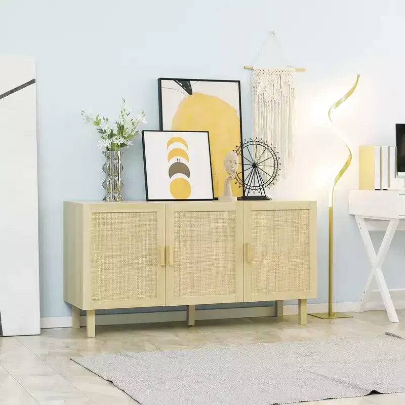 Mobile da Cucina Boho, Credenza con 3 Ante in Rattan e Ripiani Regolabili per la Sala da Pranzo