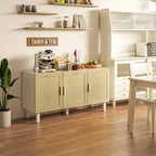 Mobile da Cucina Boho, Credenza con 3 Ante in Rattan e Ripiani Regolabili per la Sala da Pranzo