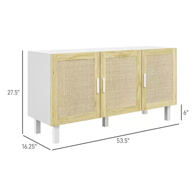 Mobile da Cucina Boho, Credenza con 3 Ante in Rattan e Ripiani Regolabili per la Sala da Pranzo