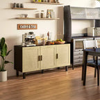 Mobile da Cucina Boho, Credenza con 3 Ante in Rattan e Ripiani Regolabili per la Sala da Pranzo