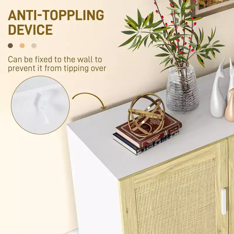 Mobile da Cucina Boho, Credenza con 3 Ante in Rattan e Ripiani Regolabili per la Sala da Pranzo