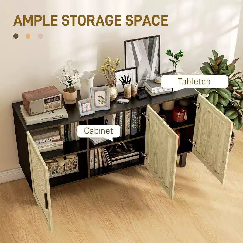 Mobile da Cucina Boho, Credenza con 3 Ante in Rattan e Ripiani Regolabili per la Sala da Pranzo
