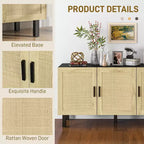 Mobile da Cucina Boho, Credenza con 3 Ante in Rattan e Ripiani Regolabili per la Sala da Pranzo