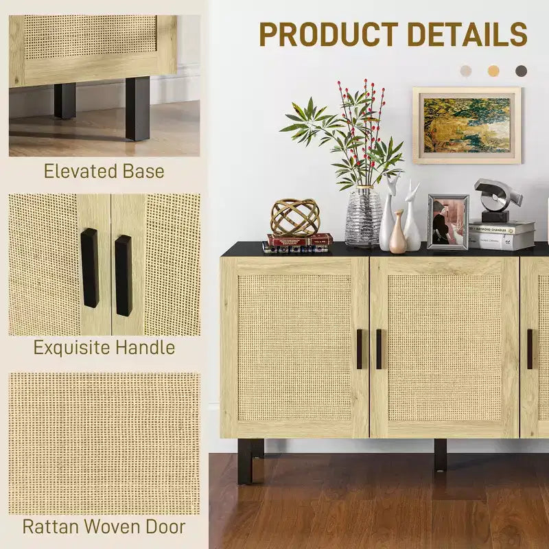 Mobile da Cucina Boho, Credenza con 3 Ante in Rattan e Ripiani Regolabili per la Sala da Pranzo