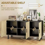Mobile da Cucina Boho, Credenza con 3 Ante in Rattan e Ripiani Regolabili per la Sala da Pranzo