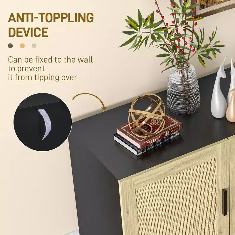 Mobile da Cucina Boho, Credenza con 3 Ante in Rattan e Ripiani Regolabili per la Sala da Pranzo