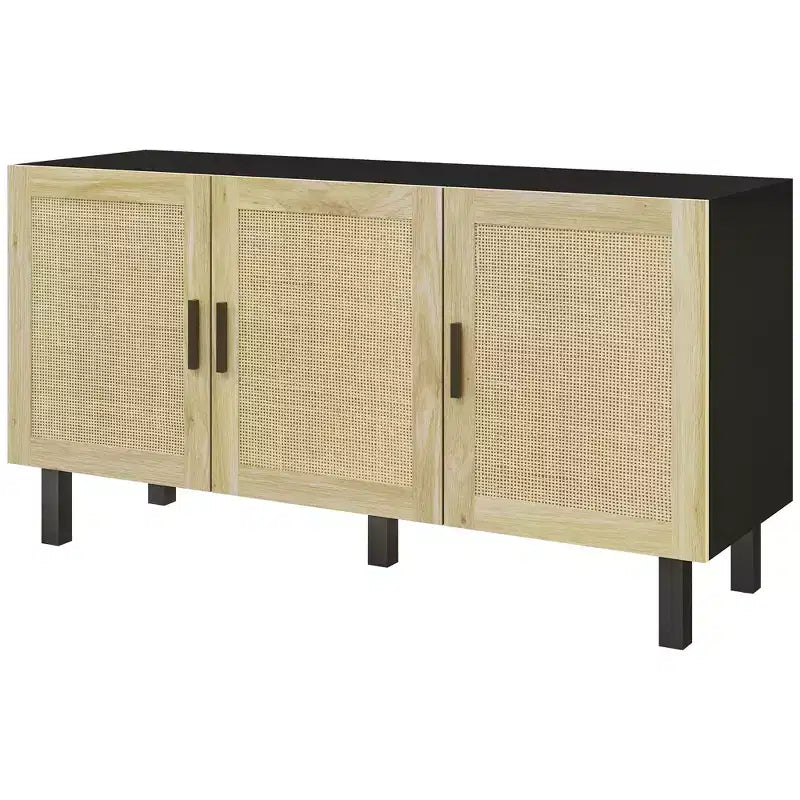 Boho Kitchen Cabinet, Buffet Cabinet with 3 Rattan Doors and Adjustable Shelves for Dining Room