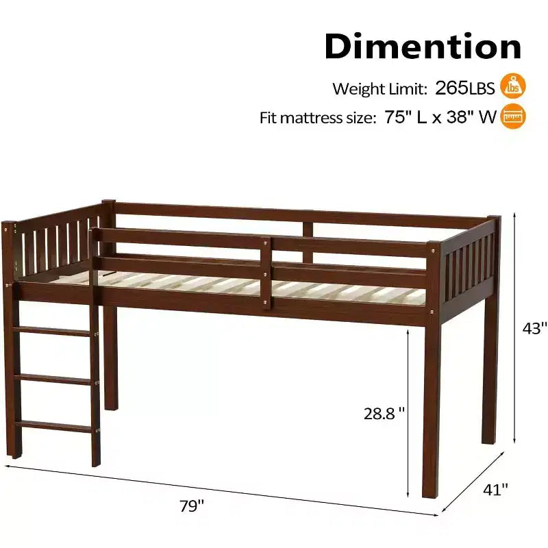JOYMOR Letto a Soppalco Basso Singolo con Scale, Letto a Soffitta in Legno per Bambini, Struttura Letto Singolo in Legno di Pino, Nessuna Rete a Molle Necessaria, Espresso