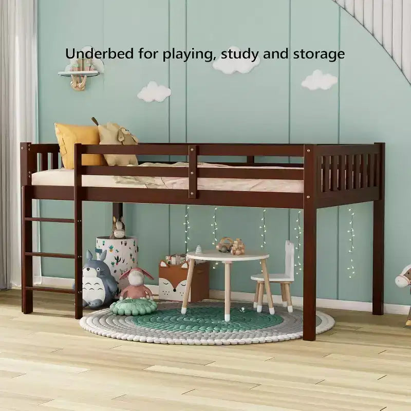 JOYMOR Letto a Soppalco Basso Singolo con Scale, Letto a Soffitta in Legno per Bambini, Struttura Letto Singolo in Legno di Pino, Nessuna Rete a Molle Necessaria, Espresso