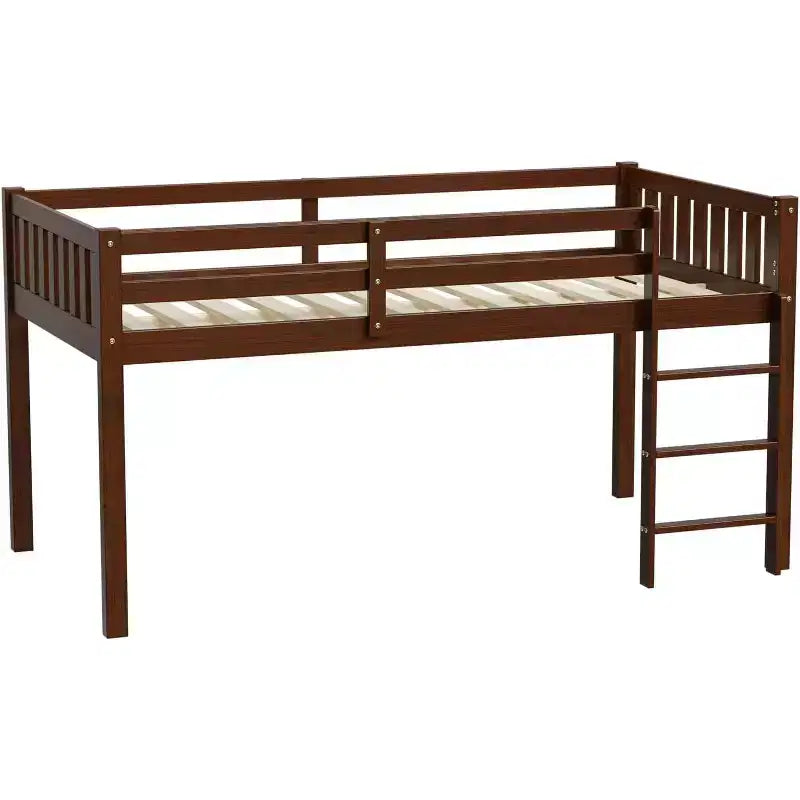 JOYMOR Letto a Soppalco Basso Singolo con Scale, Letto a Soffitta in Legno per Bambini, Struttura Letto Singolo in Legno di Pino, Nessuna Rete a Molle Necessaria, Espresso