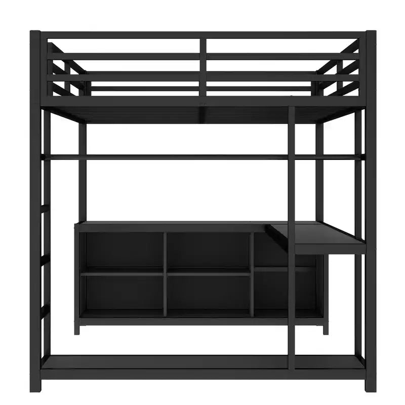 Bellemave Letto a soppalco matrimoniale in metallo con scrivania a L, armadio, scaffali e cubi portaoggetti, letto a soppalco salvaspazio per adolescenti e adulti, nero