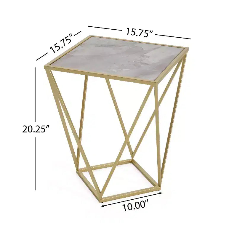 Tavolino Homy Casa con Struttura Geometrica in Ferro e Piano Effetto Marmo, Oro