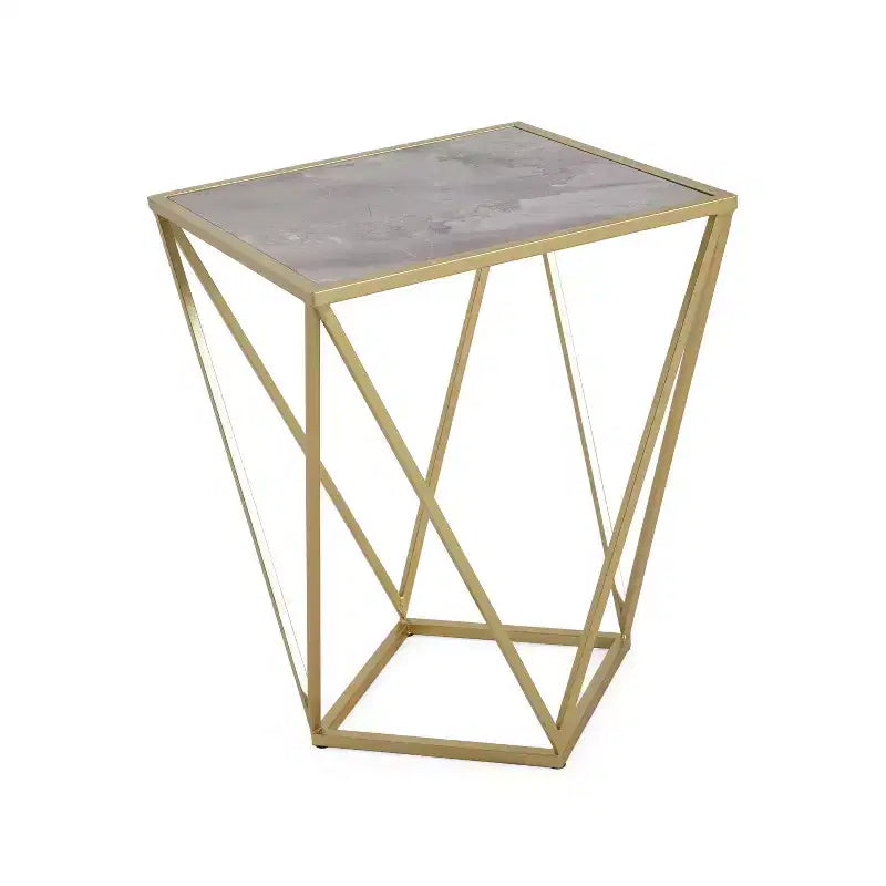 Tavolino Homy Casa con Struttura Geometrica in Ferro e Piano Effetto Marmo, Oro