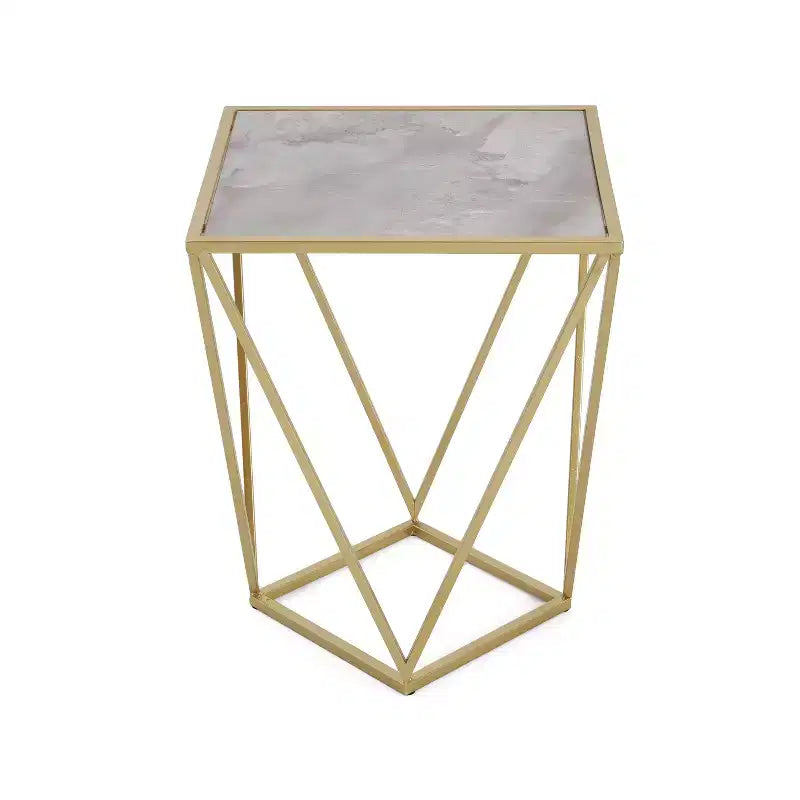 Tavolino Homy Casa con Struttura Geometrica in Ferro e Piano Effetto Marmo, Oro