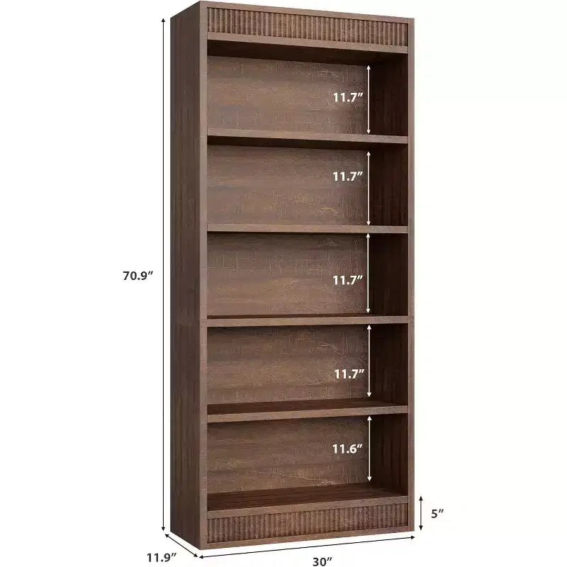 Libreria alta 71 Farmhouse con 5 ripiani e espositore, Scaffale in legno scanalato per una conservazione organizzata in soggiorno, ufficio o biblioteca