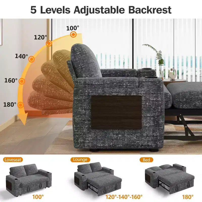 Divano letto a 3 modalità Dyonery Sale con contenitore e porte di ricarica - Montaggio senza attrezzi, schienale regolabile per piccoli spazi/appartamenti/dormitori