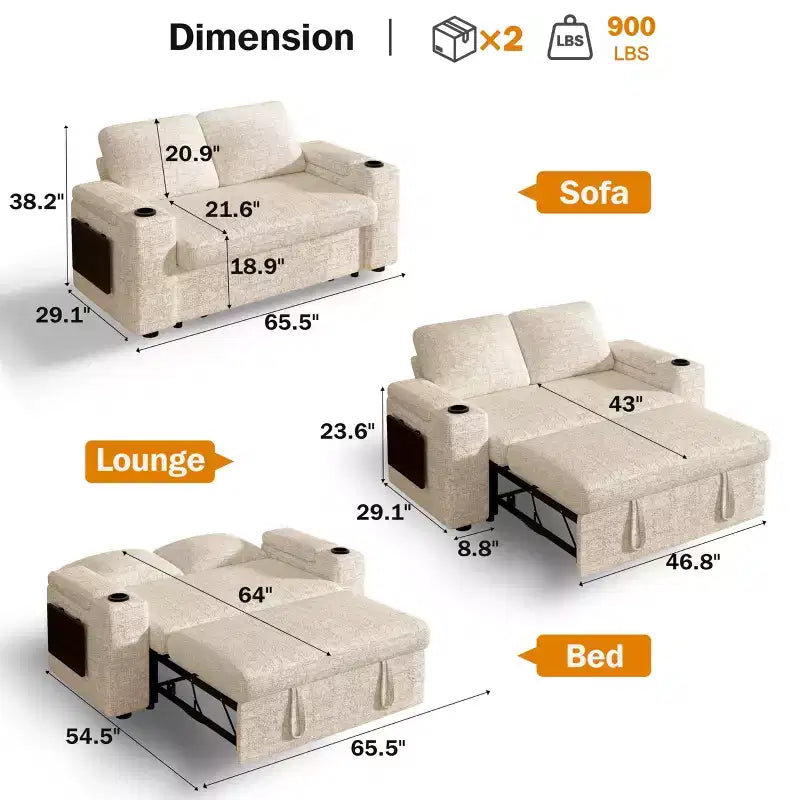 Divano letto a 3 modalità Dyonery Sale con contenitore e porte di ricarica - Montaggio senza attrezzi, schienale regolabile per piccoli spazi/appartamenti/dormitori