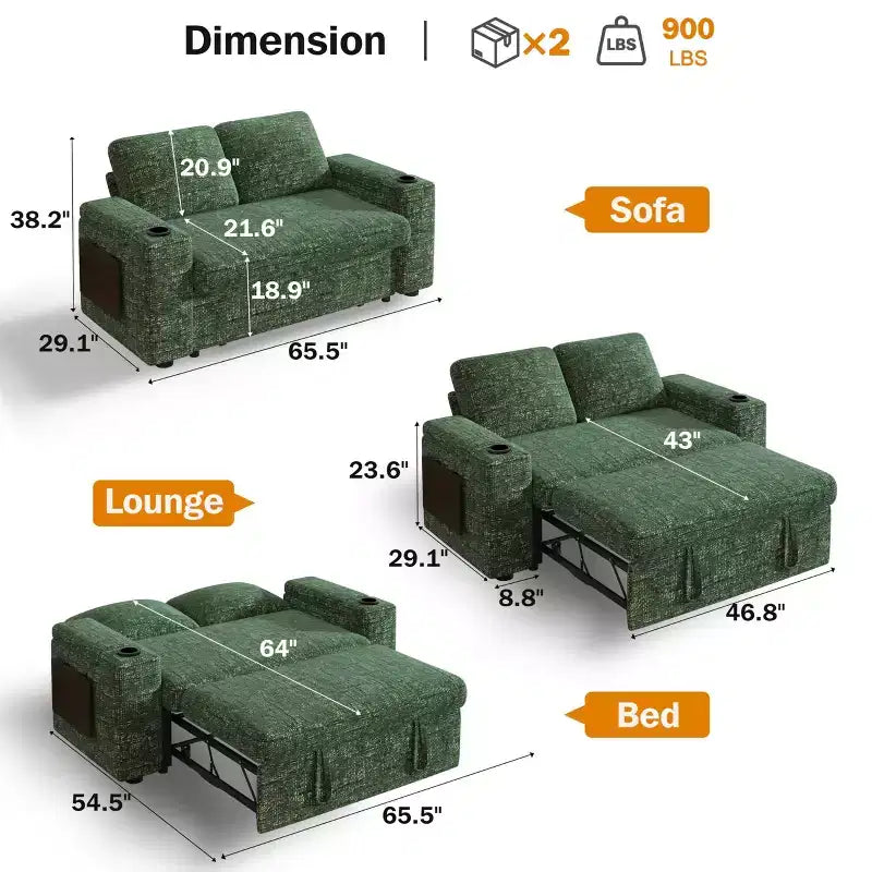 Divano letto a 3 modalità Dyonery Sale con contenitore e porte di ricarica - Montaggio senza attrezzi, schienale regolabile per piccoli spazi/appartamenti/dormitori