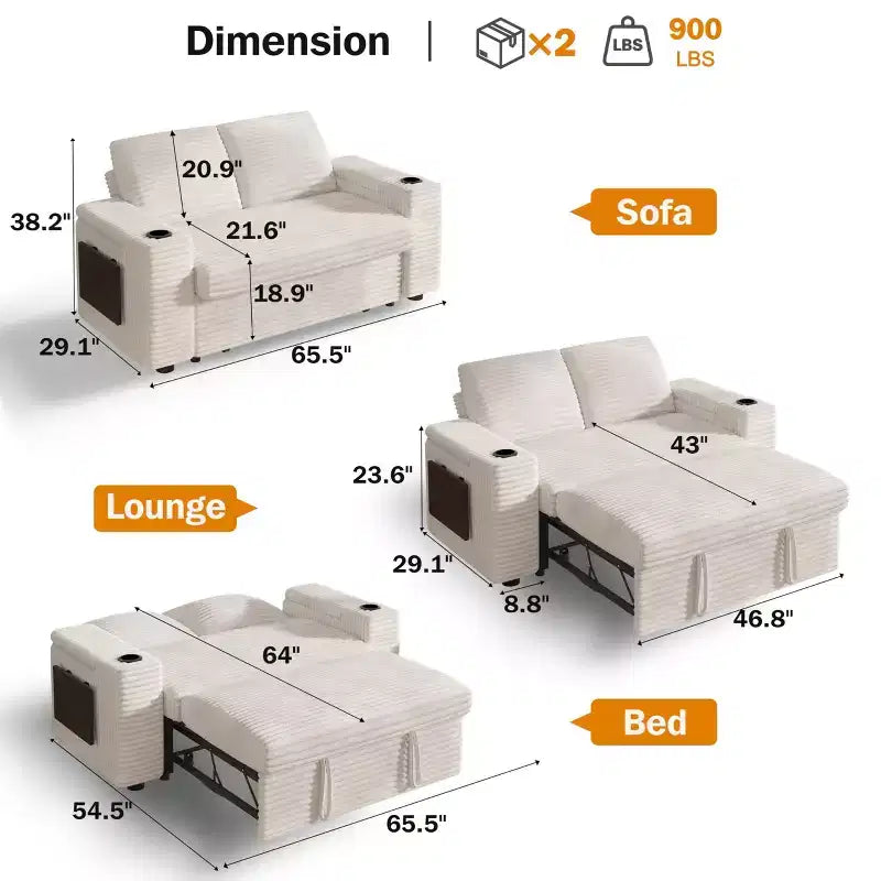Divano letto a 3 modalità Dyonery Sale con contenitore e porte di ricarica - Montaggio senza attrezzi, schienale regolabile per piccoli spazi/appartamenti/dormitori