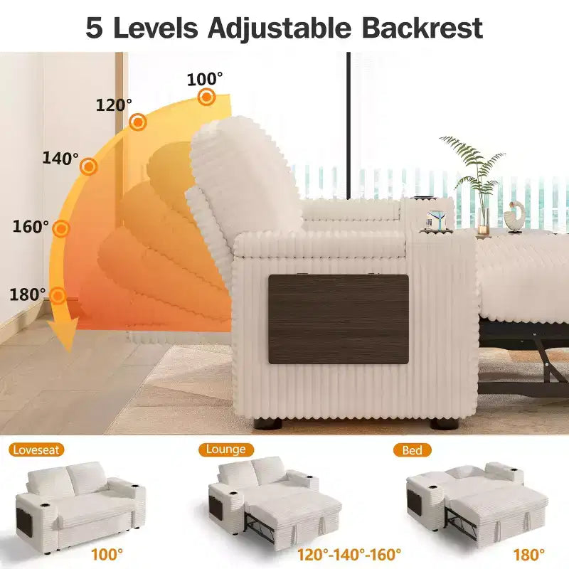 Divano letto a 3 modalità Dyonery Sale con contenitore e porte di ricarica - Montaggio senza attrezzi, schienale regolabile per piccoli spazi/appartamenti/dormitori
