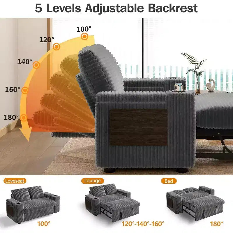Divano letto a 3 modalità Dyonery Sale con contenitore e porte di ricarica - Montaggio senza attrezzi, schienale regolabile per piccoli spazi/appartamenti/dormitori