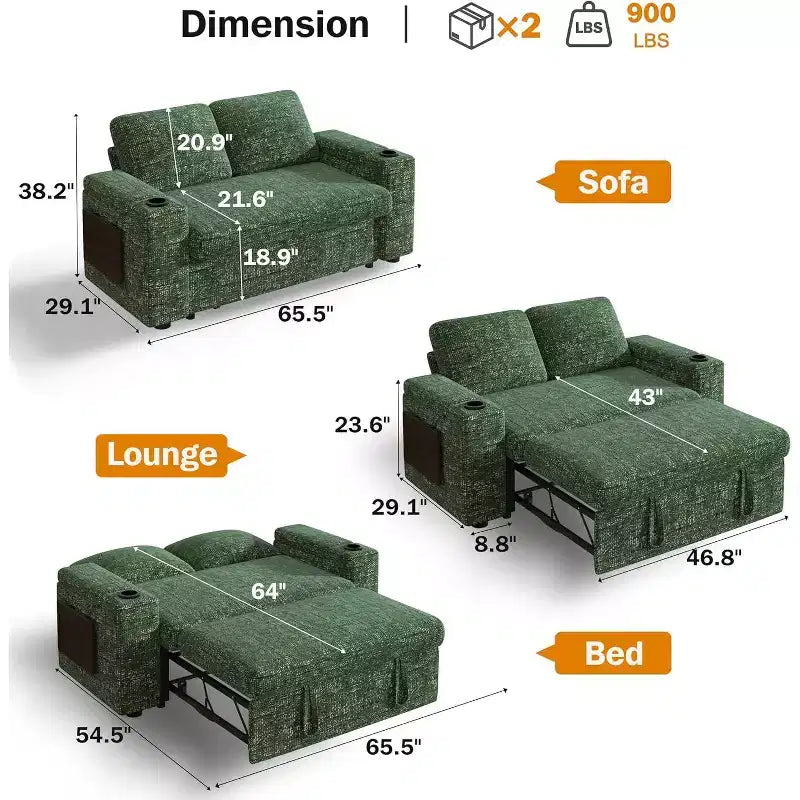 Divano letto a 3 modalità Dyonery Sale con contenitore e porte di ricarica - Montaggio senza attrezzi, schienale regolabile per piccoli spazi/appartamenti/dormitori
