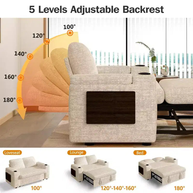 Divano letto a 3 modalità Dyonery Sale con contenitore e porte di ricarica - Montaggio senza attrezzi, schienale regolabile per piccoli spazi/appartamenti/dormitori