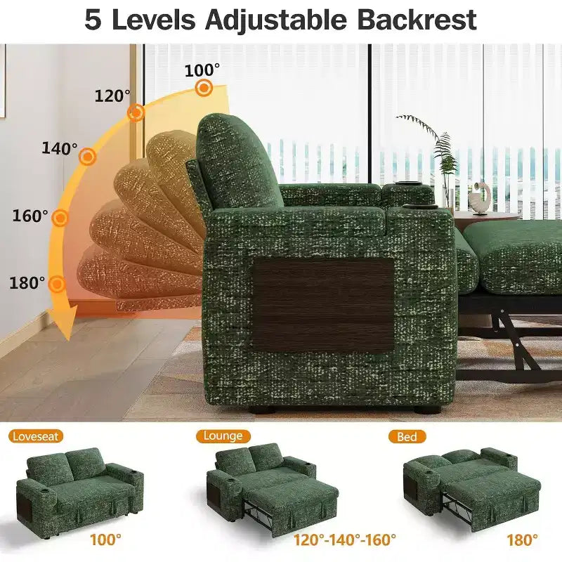 Divano letto a 3 modalità Dyonery Sale con contenitore e porte di ricarica - Montaggio senza attrezzi, schienale regolabile per piccoli spazi/appartamenti/dormitori