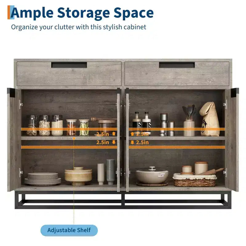 GustoWave Madia Credenza, 55 Pollici Grande Mobile Contenitore Moderno da Cucina con 2 Cassetti e 4 Ante, Tavolo Buffet per Caffè