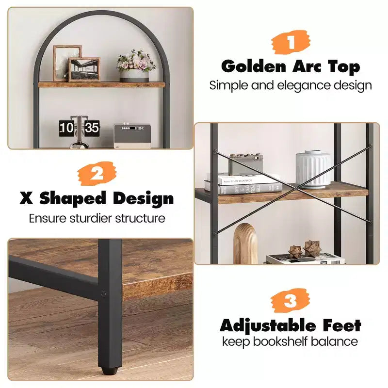 Libreria ad arco a 5 ripiani alta 179.8 cm, scaffale alto per CD/libri, organizer da ufficio, libreria moderna per camera da letto e soggiorno