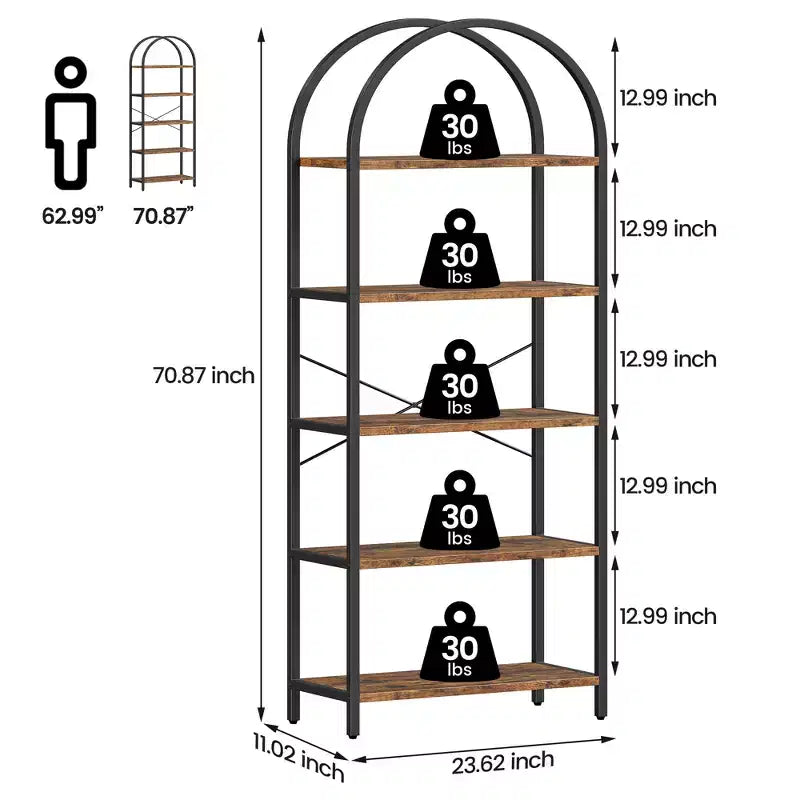 Libreria ad arco a 5 ripiani alta 179.8 cm, scaffale alto per CD/libri, organizer da ufficio, libreria moderna per camera da letto e soggiorno