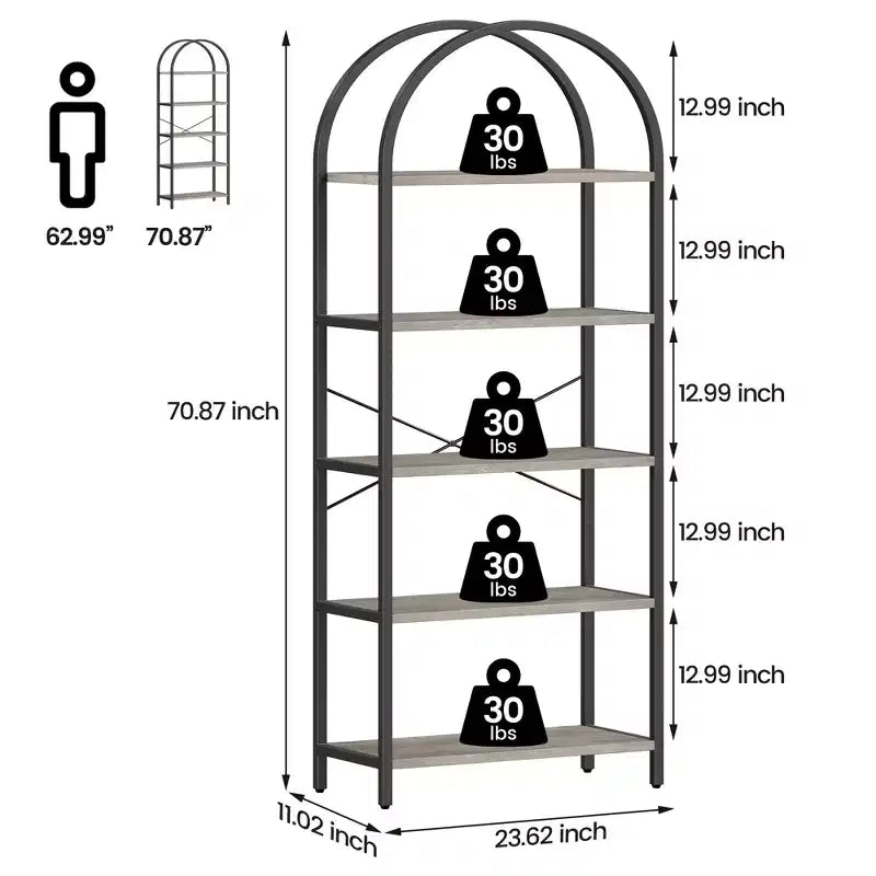 Libreria ad arco a 5 ripiani alta 179.8 cm, scaffale alto per CD/libri, organizer da ufficio, libreria moderna per camera da letto e soggiorno