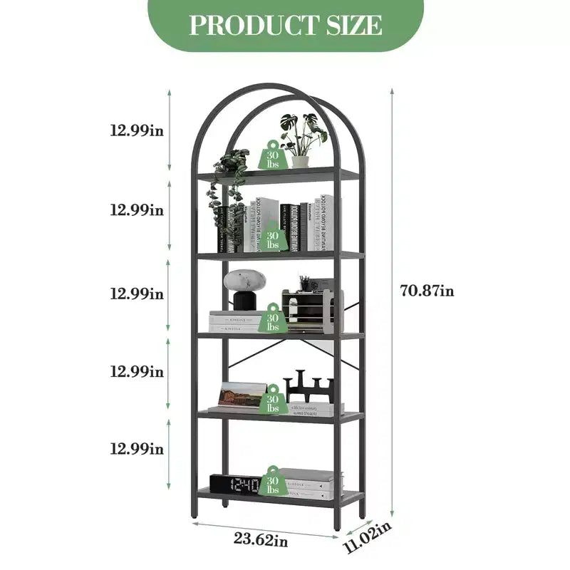 Libreria ad arco a 5 ripiani alta 179.8 cm, scaffale alto per CD/libri, organizer da ufficio, libreria moderna per camera da letto e soggiorno