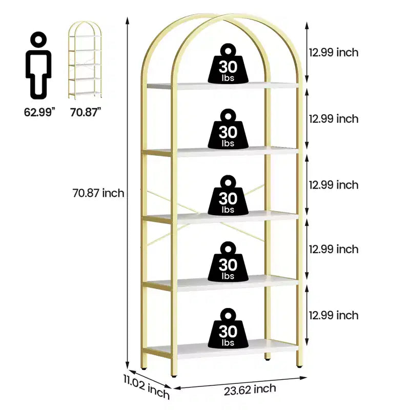 Libreria ad arco a 5 ripiani alta 179.8 cm, scaffale alto per CD/libri, organizer da ufficio, libreria moderna per camera da letto e soggiorno