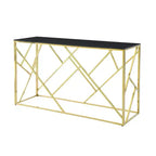 Tavolino console moderno Okak con piano in vetro temperato, tavolino d'appoggio con elegante e robusta struttura in metallo, tavolino da ingresso per soggiorno, foyer