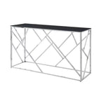 Tavolino console moderno Okak con piano in vetro temperato, tavolino d'appoggio con elegante e robusta struttura in metallo, tavolino da ingresso per soggiorno, foyer