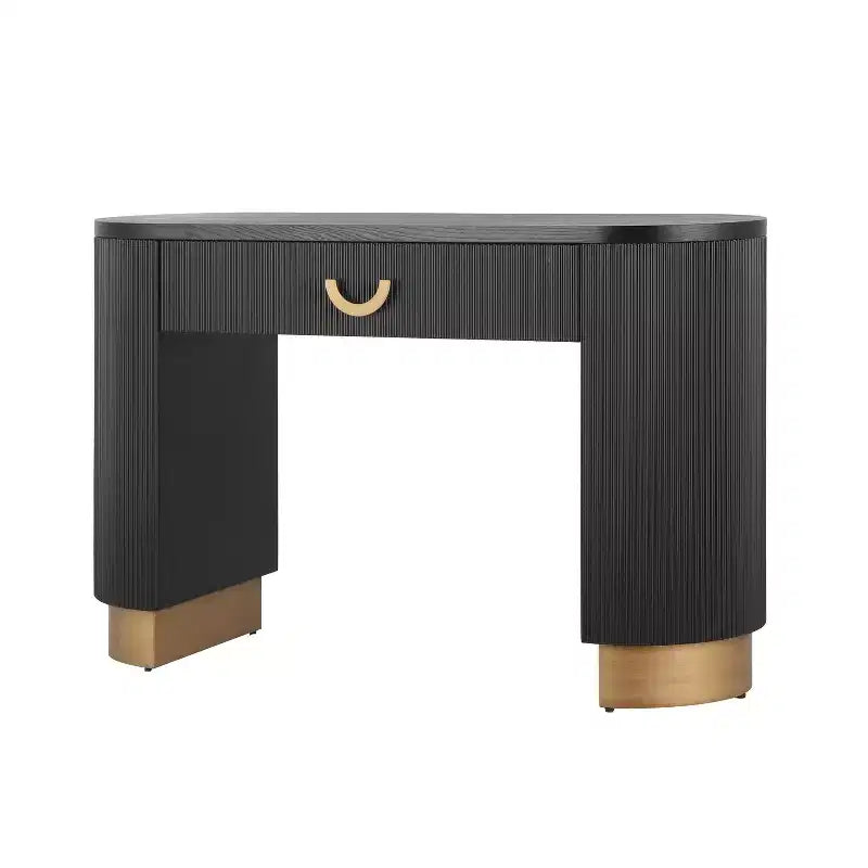 Consolle moderna Okak con design a coste verticali, tavolo da ingresso con 1 grande cassetto e maniglia in metallo, tavolo da divano per soggiorno, nero+oro