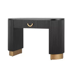 Consolle moderna Okak con design a coste verticali, tavolo da ingresso con 1 grande cassetto e maniglia in metallo, tavolo da divano per soggiorno, nero+oro