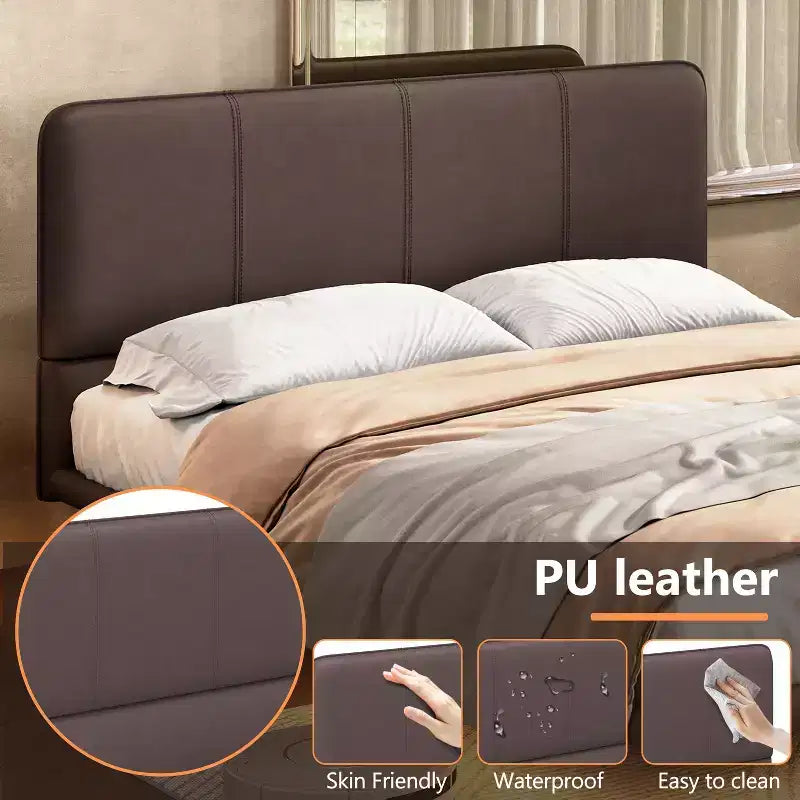 Struttura letto matrimoniale/queen size con testiera in pelle sintetica e luce a LED, letto a piattaforma moderno senza bisogno di rete a molle